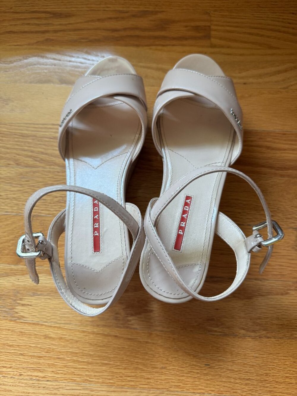 PRADA Beige Patent Leather Wedge Strappy Ankle Strap Buckle Sandals women size 8